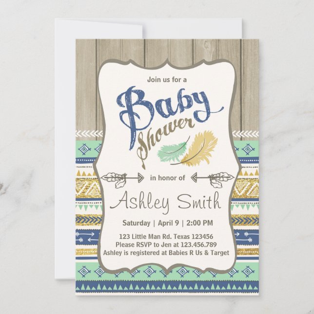 Invitación Baby Shower ruso tribal Baby Shower Blue Gold (Anverso)