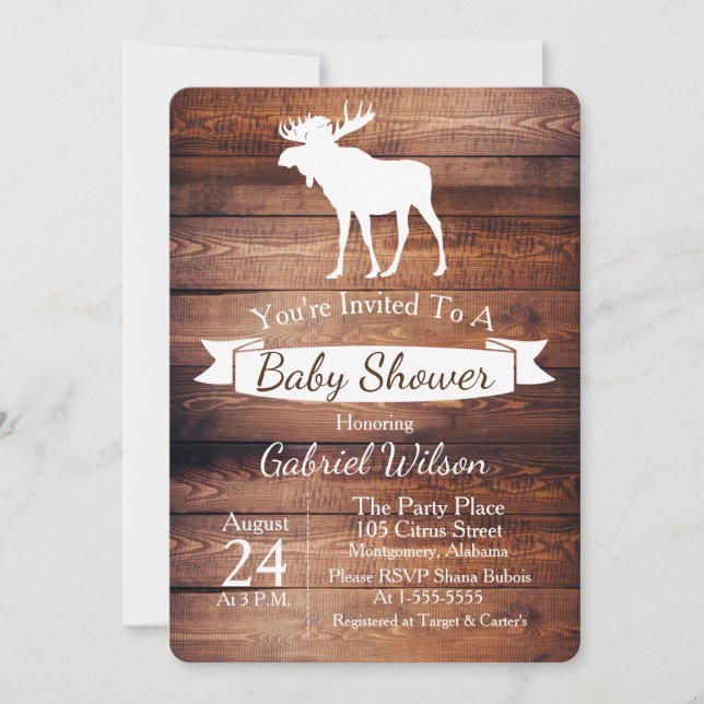 Invitación Baby Shower Rustic Barn Wood & Moose Antler (Anverso)