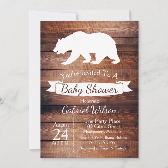 Invitación Baby Shower Rustic Barn Wood & White Bear (Anverso)
