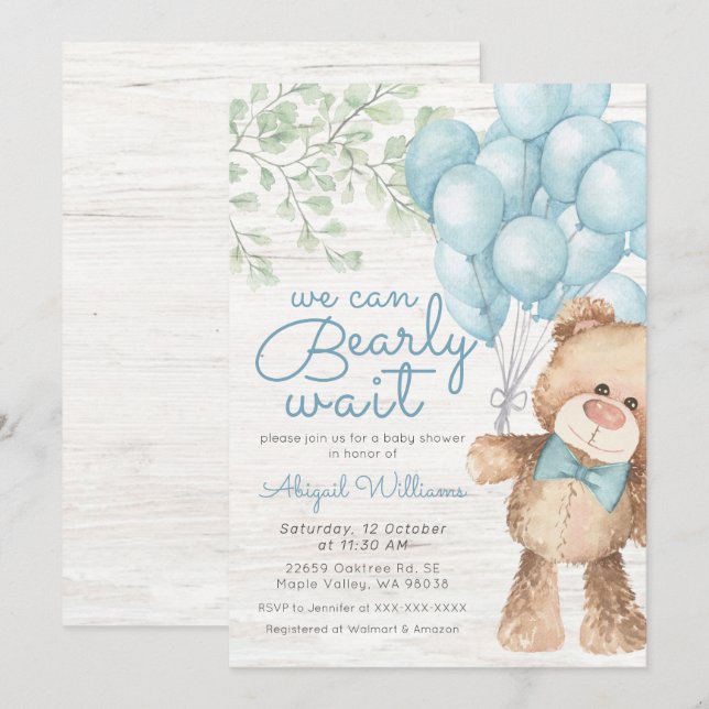 Invitación Baby Shower Rustic Bearly Wait Blue Bear Boy (Anverso / Reverso)