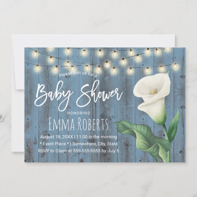Invitación Baby Shower Rustic Blue Barn Wood Lily Floral (Anverso)