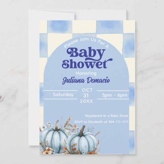 Invitación Baby Shower Rustic Blue Gingham Pumpkin (Anverso)
