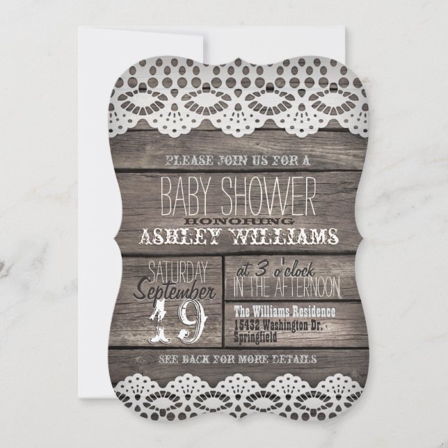 Invitación Baby Shower Rustic Brown Wood & White Lace (Anverso)