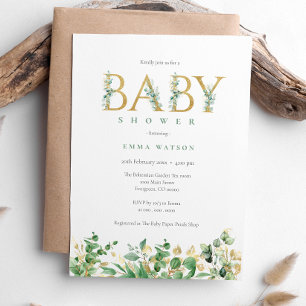 Invitación Baby Shower Rustic Eucalyptus Golden Letters