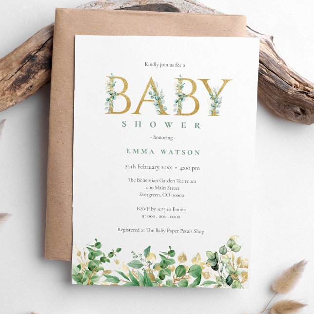 Invitación Baby Shower Rustic Eucalyptus Golden Letters (Subido por el creador)