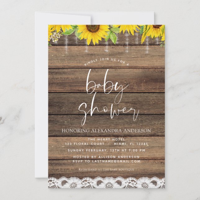 Invitación Baby Shower Rustic Farmhouse Sunflower (Anverso)