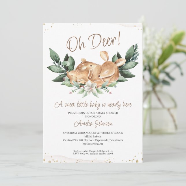 Invitación Baby Shower Rustic Foliage Deer Fawn (Anverso de pie)