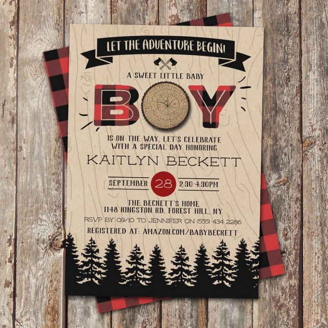 Invitación Baby Shower Rustic Forest Plaid Lumberjack Boys (Subido por el creador)