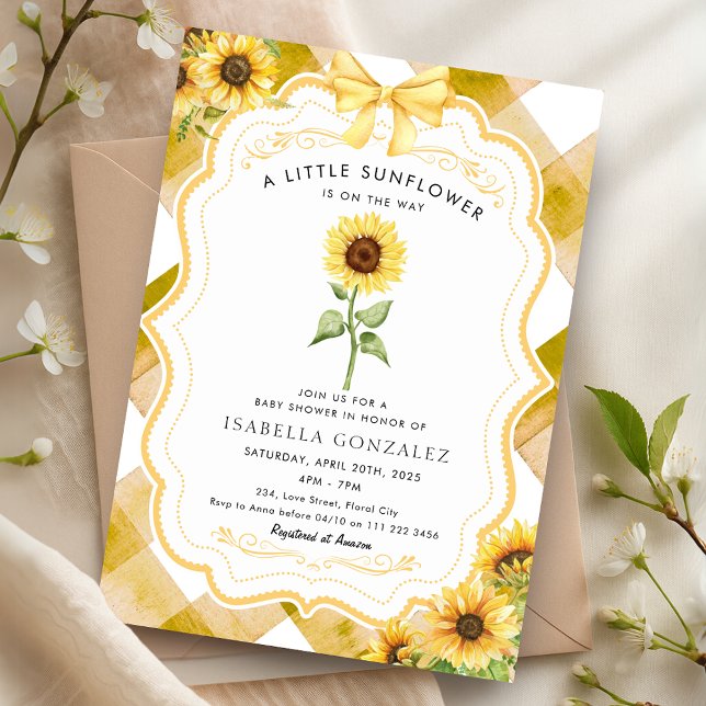Invitación Baby Shower Rustic Gingham (Sunflower Baby Shower Rustic Gingham Invitation)