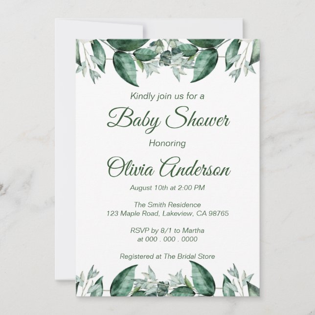 Invitación Baby Shower Rustic Green Leaf (Anverso)