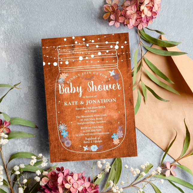 Invitación Baby Shower Rustic Mason Jar String Lights  (Subido por el creador)