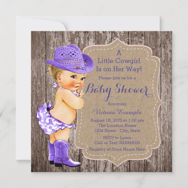 Invitación Baby Shower Rustic Purple Cowgirl (Anverso)