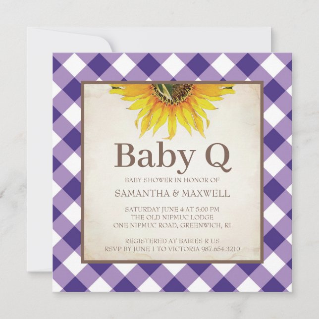 Invitación Baby Shower Rustic Purple Gingham Checker (Anverso)