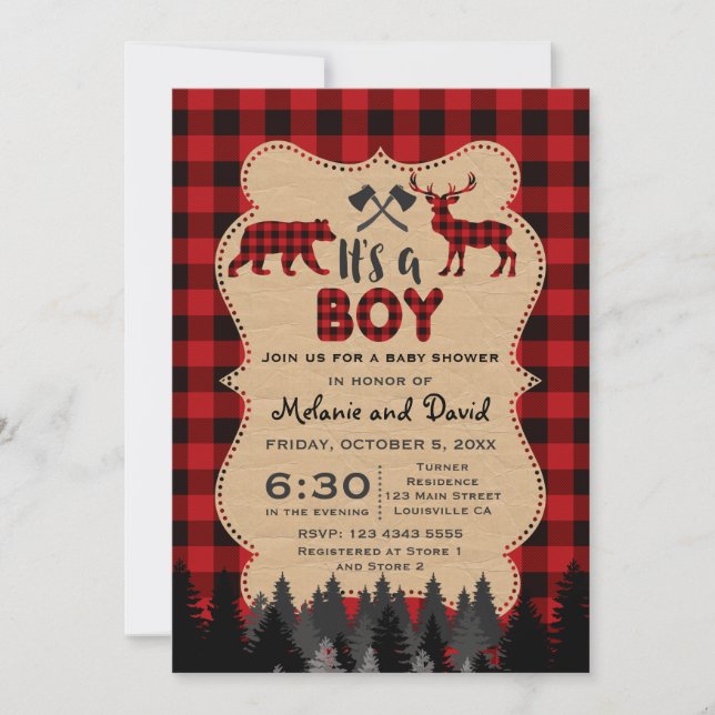 Invitación Baby Shower Rustic Red Buffalo Lumberjack Boy (Anverso)