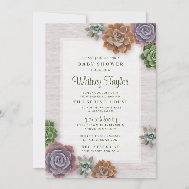 Invitación Baby Shower Rustic Succulents (Anverso)