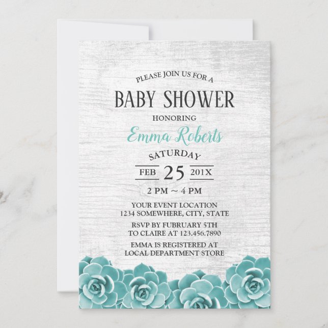 Invitación Baby Shower Rustic Succulum Floral Barn Wood (Anverso)