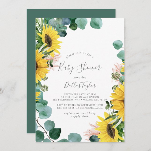 Invitación Baby Shower Rustic Sunflower Eucalyptus (Anverso / Reverso)