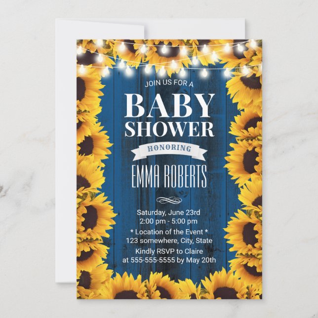 Invitación Baby Shower Rustic Sunflower Floral Naval azul (Anverso)