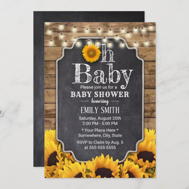 Invitación Baby Shower Rustic Sunflowers Chalkboard (Anverso / Reverso)