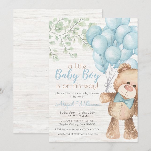 Invitación Baby Shower Rustic Watercolor Blue Bear Boy (Anverso / Reverso)