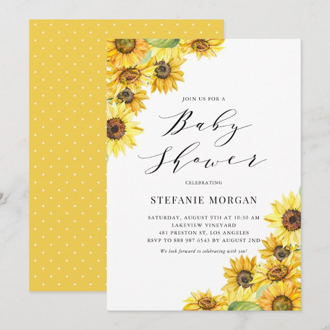 Invitación Baby Shower Rustic Watercolor Sunflowers (Anverso / Reverso)