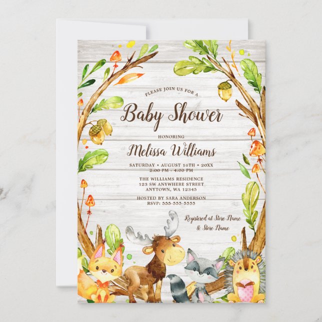 Invitación Baby Shower Rustic Watercolor Woodland Animals (Anverso)