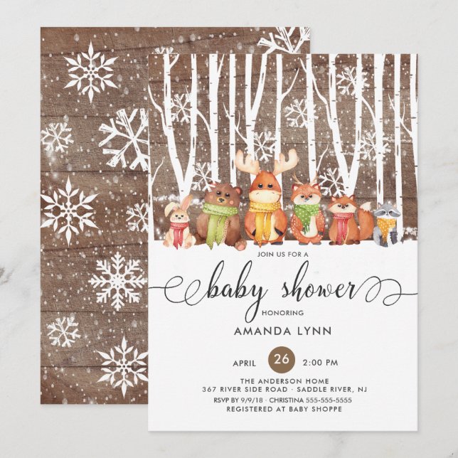 Invitación Baby Shower Rustic Winter Woodland Animals (Anverso / Reverso)