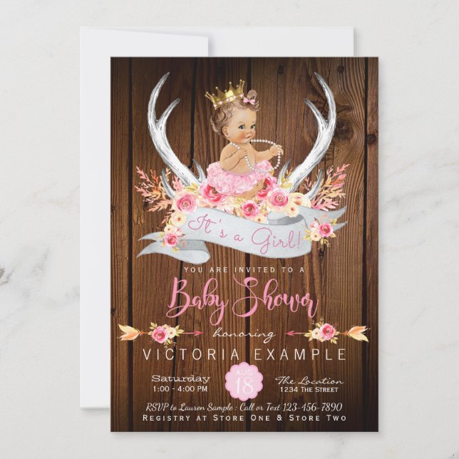 Invitación Baby Shower Rustic Wood Antler Baby Shower (Anverso)