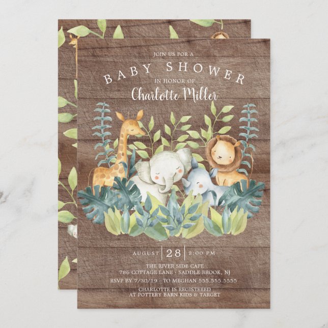 Invitación Baby Shower Rustic Wood Jungle Animals (Anverso / Reverso)