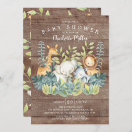 Invitación Baby Shower Rustic Wood Jungle Animals