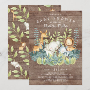 Invitación Baby Shower Rustic Wood Jungle Animals