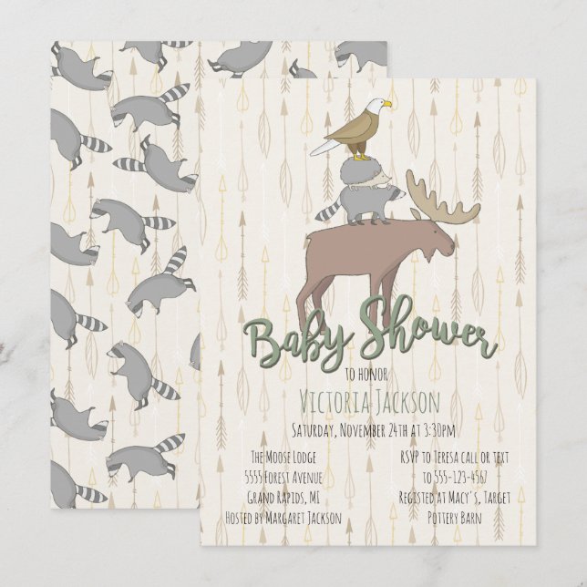 Invitación Baby Shower Rustic Woodland Animals (Anverso / Reverso)