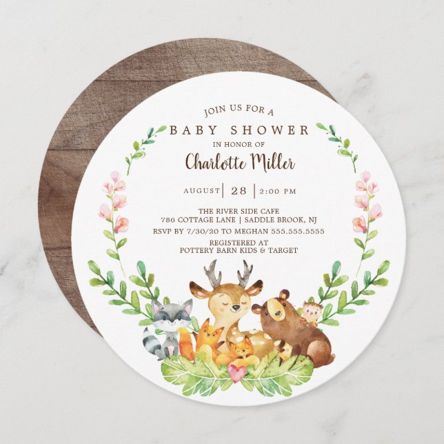 Invitación Baby Shower Rustic Woodland Animals (Anverso / Reverso)