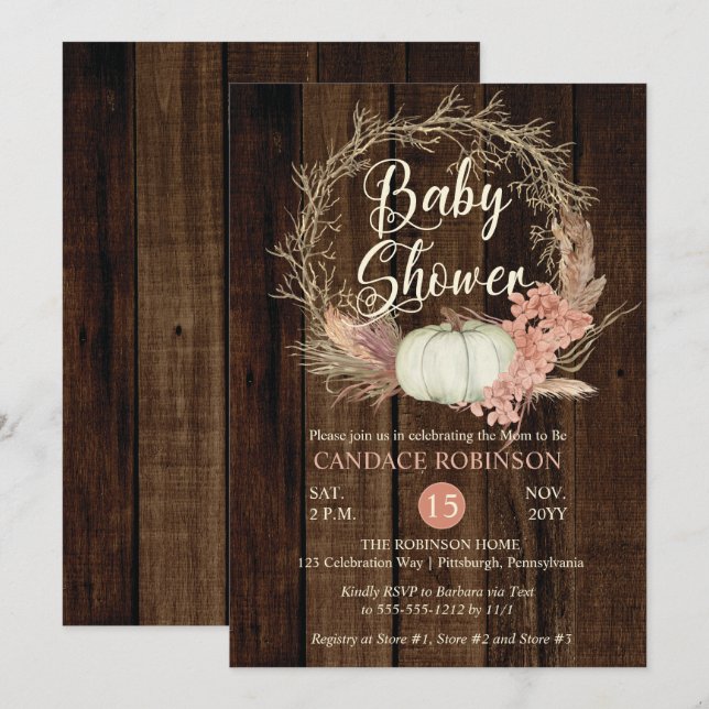 Invitación Baby Shower - Rústica Calabaza Pampas Wreath (Anverso / Reverso)