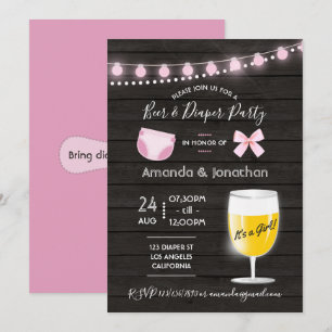 Invitación Baby Shower Rústica de Niña Cerveza y Pañales en e