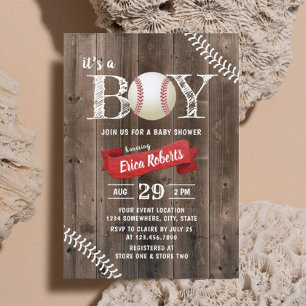 Invitación Baby Shower Rústico Baseball Sports Barn Wood Boy