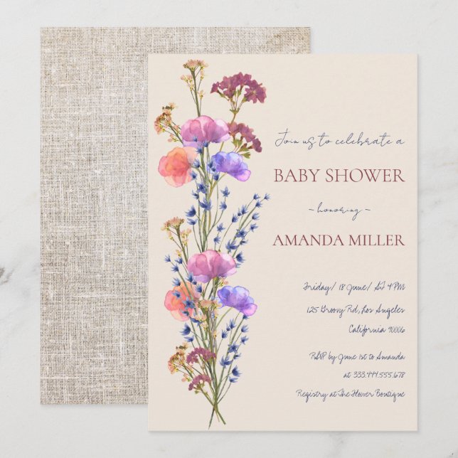 Invitación Baby Shower rústico beige acrílico floral (Anverso / Reverso)