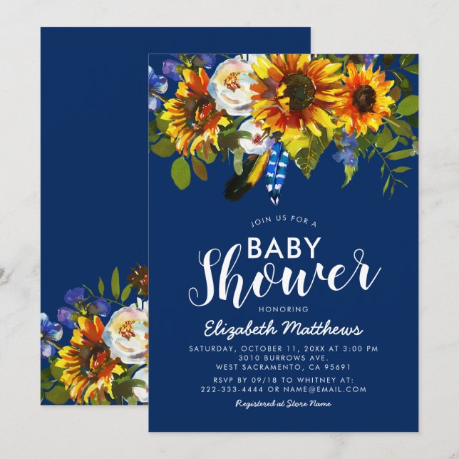 Invitación Baby Shower Rústico Boho de Girasoles en Azul Mari (Anverso / Reverso)