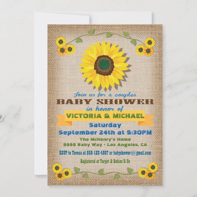 Invitación Baby Shower Rústico Burlap Parejas de Girasol (Anverso)