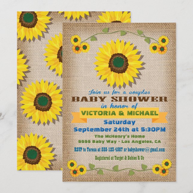 Invitación Baby Shower Rústico Burlap Parejas de Girasol (Anverso / Reverso)