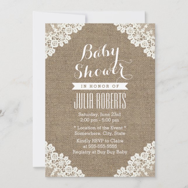 Invitación Baby Shower Rústico de Burlap de Vintage (Anverso)