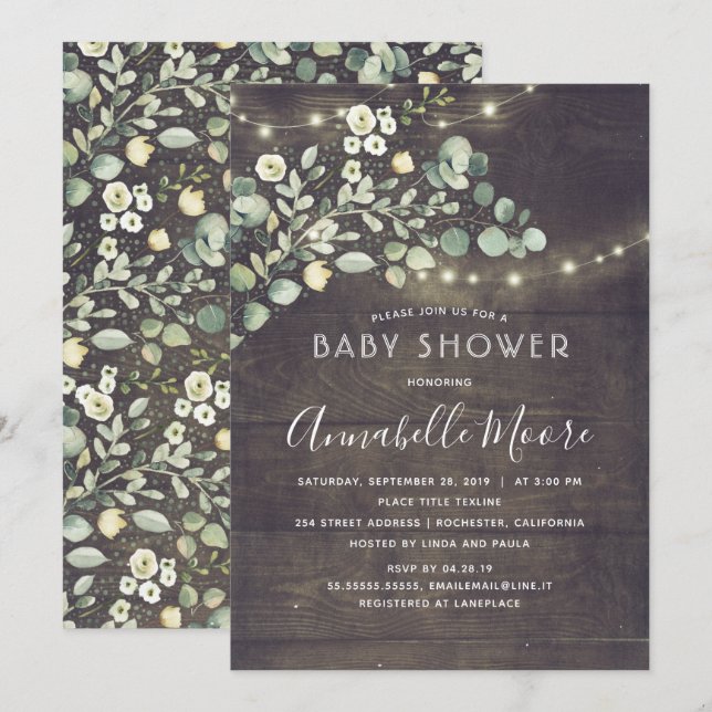 Invitación Baby Shower rústico de campo pintado de vegetación (Anverso / Reverso)