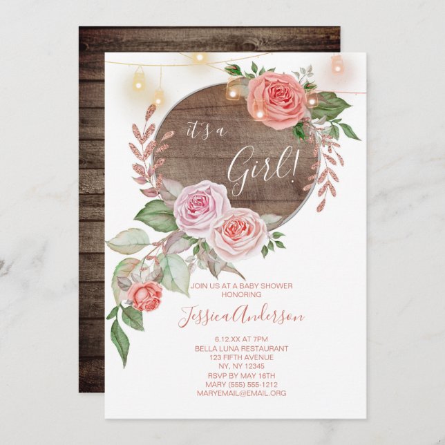 Invitación Baby Shower Rústico De Flores Rosa