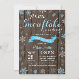 Invitación Baby Shower Rústico de Invierno Copo de Nieve Azul