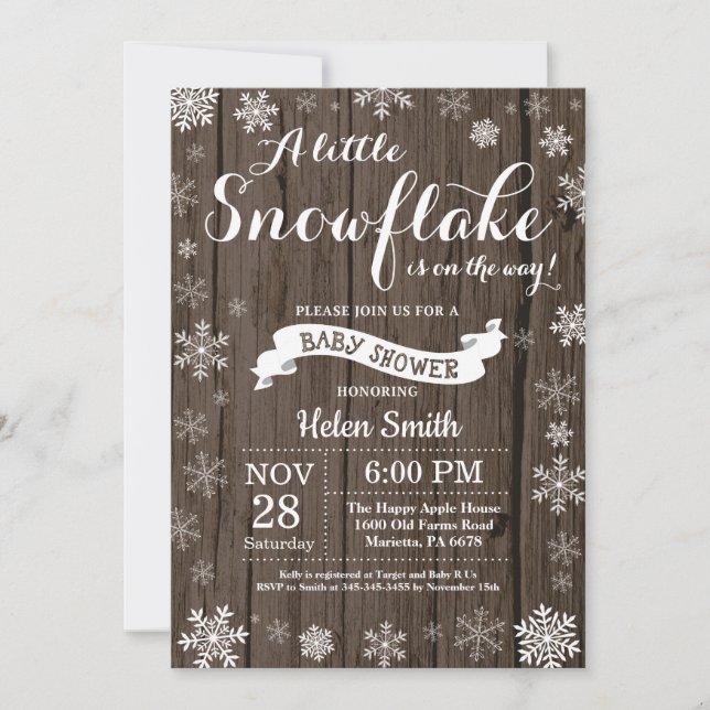 Invitación Baby Shower Rústico de Invierno Copo de Nieve Blan (Anverso)