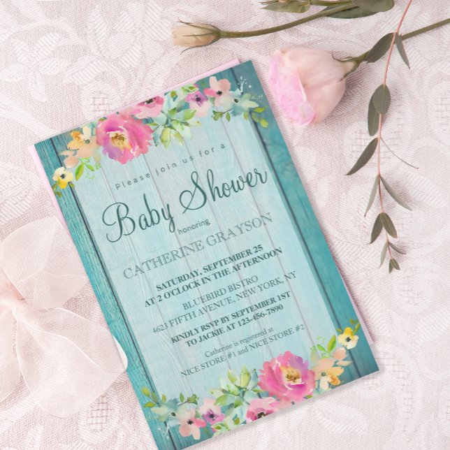 Invitación Baby Shower Rústico De Madera Azul Floral Rosa (Subido por el creador)