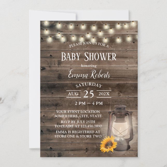 Invitación Baby Shower Rústico de madera de linterna de giras (Anverso)