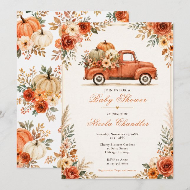 Invitación Baby Shower Rústico de Otoño con Camioneta (Anverso / Reverso)