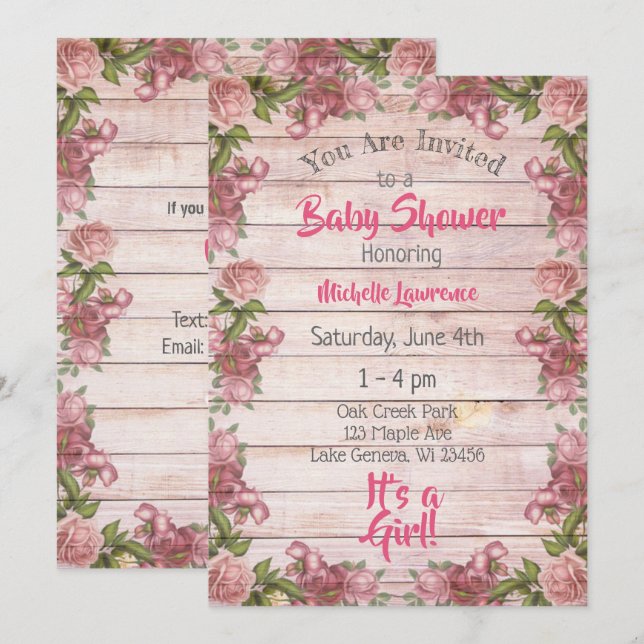 Invitación Baby Shower Rústico de rosas rosadas de madera (Anverso / Reverso)