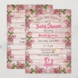 Invitación Baby Shower Rústico de rosas rosadas de madera